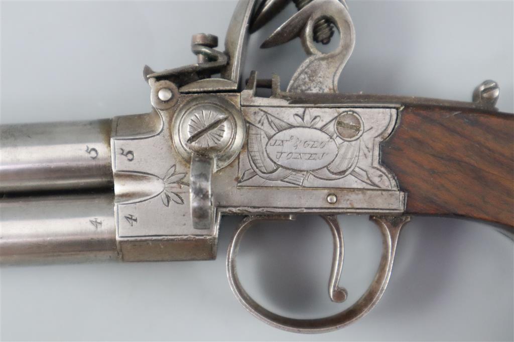 An early 19th century twin barrel flintlock pocket pistol, by Jn. & Geo. Jones of London, length 7.5in